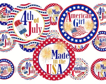 4th Of July, USA, Independence Day Bottle Cap Image Sheets, American Girl Cupcake Topper, Fireworks Stickers, Printable Instant Download.