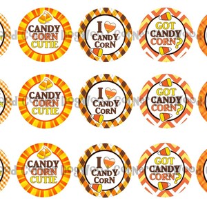 May include: Twelve round, colorful cupcake toppers with various designs featuring candy corn and the text "Candy Corn", "I Candy Corn", "Got Candy Corn?" and "Princess Candy Corn".