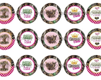 1" Camo Cutie Deer Hunting Pink Mossy Oak Bottle Cap Image Sheets Party Favors Cupcake Topper Magnet Stickers Printables Instant Download.