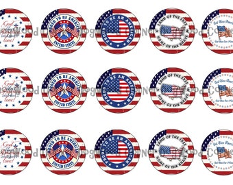 May include: Twelve round, red, white, and blue patriotic cupcake toppers with various American flag designs and phrases like "God Bless America", "Proud to be an American", and "Land of the Free, Home of the Brave".