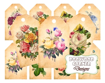 Printable Vintage Rose Tags, Digital Junk Journal Tags, Printable Ephemera, Scrapbook Supplies, Digital Tags.