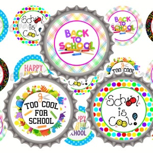 May include: Set of 12 colourful round back to school themed bottle cap stickers. The stickers feature various designs including books, pencils, scissors, and the words "Back to School", "School is Cool", and "Too Cool for School".