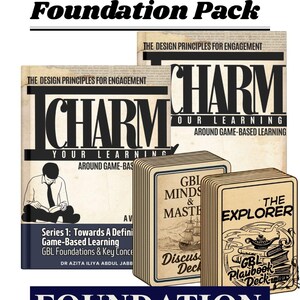 Peut inclure: Un ensemble de supports pédagogiques intitulé "Foundation Pack". L'image présente des livres et des jeux de cartes avec des titres tels que "ICHARM", "GBI Minds & Master" et "The Explorer". La conception comprend des illustrations et du texte liés à l'apprentissage par le jeu.