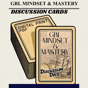 Könnte beinhalten: Ein Kartenspiel mit dem Text "GBL MINDSET & MASTERY DISCUSSION CARDS" und "DIGITAL PRINT PDF". Die Karten haben ein Vintage-Design mit einer Schiffsillustration und den Worten "Discussion Deck" und "FOUNDATION KIT".