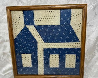 Vintage Handmade Blue School House Quilt Folk Art 12”x12” Professionally Framed