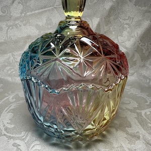 May include: A decorative glass jar with a lid. The jar is a mix of colors, including blue, pink, yellow, and red. The jar has a geometric pattern and a rounded shape. The lid has a rounded handle. The jar is likely used for storage or display.