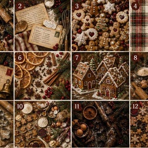 May include: A collage of twelve festive images featuring gingerbread cookies, vintage recipe cards, tartan fabric, dried orange slices, cinnamon sticks, gingerbread houses, baking ingredients, and metal cookie cutters for holiday baking.