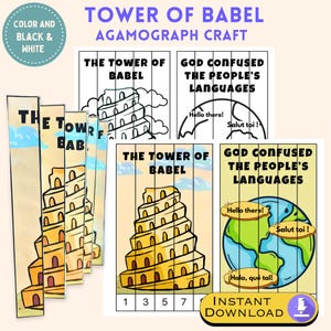 May include: Agamograph craft featuring the Tower of Babel. The image includes color and black and white versions of the craft. The text includes "Hello there!", "Salut toi!", and "¡Hola, qué tal!"