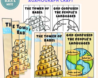 May include: Agamograph craft featuring the Tower of Babel. The image includes color and black and white versions of the craft. The text includes "Hello there!", "Salut toi!", and "¡Hola, qué tal!"