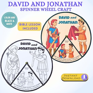 May include: A craft kit featuring a spinner wheel with illustrations of David and Jonathan. The kit includes a color version and a black and white version for coloring. Text includes "Bible Lesson Included" and "Instant Download".