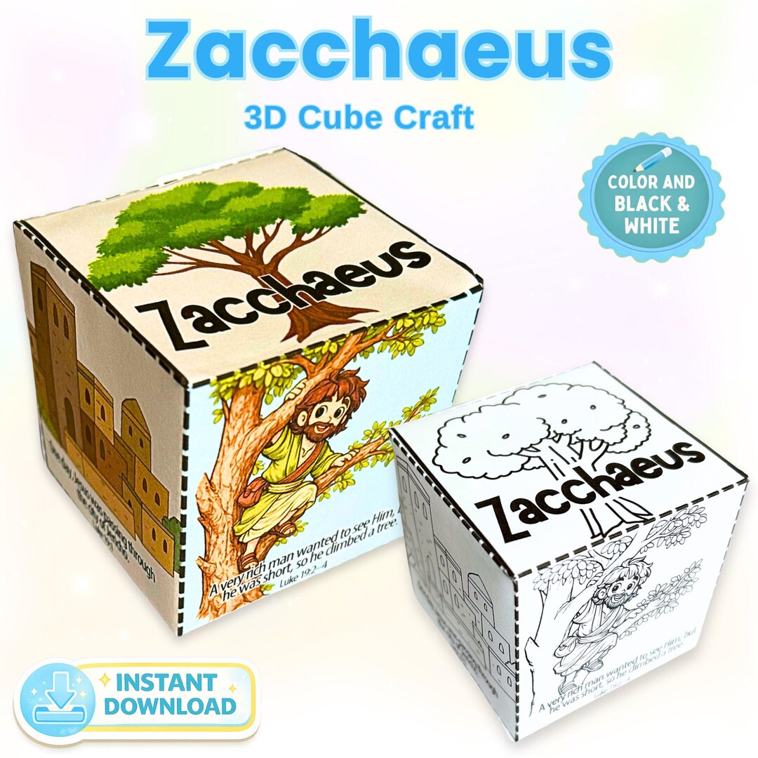 Zacchaeus Bible Craft | 3D Paper Cube Sunday School Kids Coloring ...