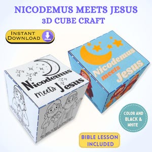 Könnte beinhalten: Zwei 3D-Würfel mit dem Text "Nikodemus trifft Jesus". Ein Würfel ist weiß mit schwarzen Strichzeichnungen, der andere ist blau mit Illustrationen von Jesus und Nikodemus. Die Würfel sind für eine Bibelstunde.