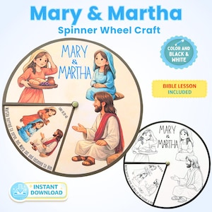 Op de afbeelding: Een "Mary & Martha" spinner wheel craft met illustraties van bijbelse figuren. Het ontwerp bevat de tekst "Mary & Martha", "Spinner Wheel Craft", "Bible Lesson Included" en "Instant Download". Een zwart-wit versie is ook inbegrepen.