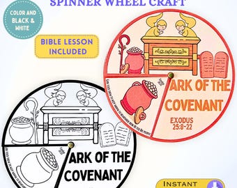 Pode incluir: Duas artes manuais de roda giratória da Arca da Aliança, uma colorida e outra em preto e branco. A versão colorida apresenta elementos vermelhos, amarelos e castanhos. O texto inclui "Ark of the Covenant" e "Exodus 25:8-22".