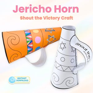 May include: Two paper Jericho Horns, one orange and one white, for a craft project. The orange horn has colorful geometric designs and Star of David symbols. The white horn is outlined with black and has the text "shout the victory".