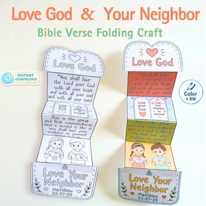 May include: Two accordion-style paper folding crafts featuring the text Love God and Your Neighbor. One version is black and white, and the other is coloured. Both display the Bible verse Matthew 22:37-39, illustrations of children reading, and heart motifs.