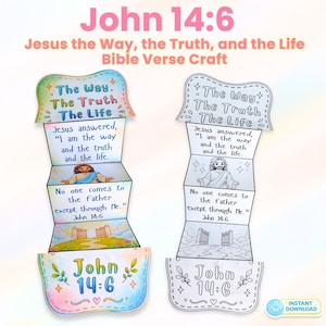 Puede incluir: Dos manualidades de versículos bíblicos, una en color y otra en blanco y negro, con el texto "Juan 14:6" y "Jesús el Camino, la Verdad y la Vida". La versión en color tiene acentos pastel, la otra es una página para colorear.