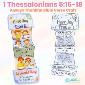 Może przedstawiać: Dwa papierowe rękodzieła, jedno kolorowe i jedno czarno-białe, z tekstem "1 Tesaloniczan 5:16-18" i "Always Thankful Bible Verse Craft". Każde z nich zawiera ilustracje dzieci i wersetów biblijnych.
