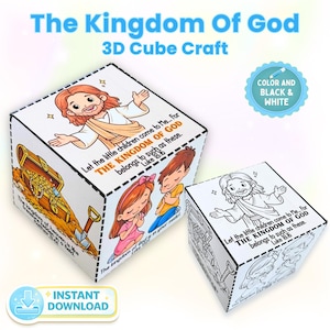 Può includere: Due lavoretti di cubi 3D bianchi con illustrazioni e testo. Un cubo è colorato, raffigurante Gesù, bambini e un forziere. L'altro cubo è un contorno in bianco e nero. Il testo include "The Kingdom Of God" e "Instant Download."
