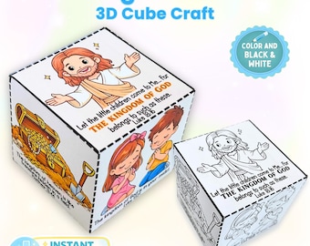 Peut inclure: Deux cubes 3D blancs avec des illustrations et du texte. Un cube est coloré, représentant Jésus, des enfants et un coffre au trésor. L'autre cube est un contour noir et blanc. Le texte comprend "The Kingdom Of God" et "Instant Download."