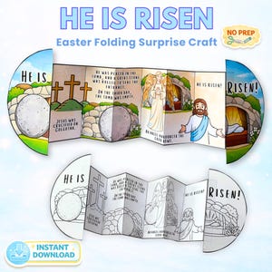 May include: A colorful Easter folding surprise craft with the text "HE IS RISEN". The craft depicts scenes from the Bible, including the crucifixion, the empty tomb, and an angel. The craft is designed for easy, no-prep use.