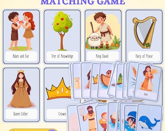 Puede incluir: Un juego de cartas ilustradas "Bible Figures Matching Game". Las cartas presentan imágenes coloridas de figuras y objetos bíblicos, como Adán y Eva, el rey David y un arpa. Las palabras "BIBLE FIGURES MATCHING GAME" están en la parte superior. Las palabras "INSTANT DOWNLOAD" están en la parte inferior.