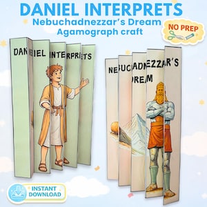 Puede incluir: Una manualidad agamográfica titulada "Daniel interpreta el sueño de Nabucodonosor". La obra presenta ilustraciones de Daniel y Nabucodonosor, con el texto "NO PREP" y "DESCARGA INSTANTÁNEA". La paleta de colores incluye beige, amarillo y azul.
