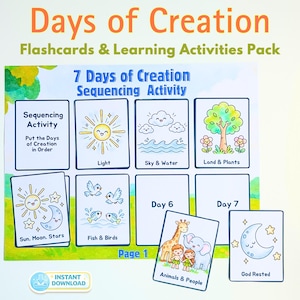 Op de afbeelding: Days of Creation flitskaarten en leeractiviteitenpakket met een 7 Days of Creation sequencing-werkblad met kleurrijke illustraties van de zon, wolken, water, bomen, bloemen, vogels, vissen, dieren, mensen en de maan.