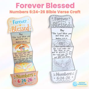 May include: Two paper crafts with the text "Forever Blessed" and "Numbers 6:24-26 Bible Verse Craft". One is colored with illustrations of people, a dove, and text. The other is a black and white outline of the same design.