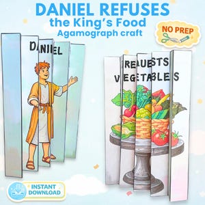 Könnte beinhalten: Ein Agamograph-Bastelprojekt mit dem Text "DANIEL REFUSES the King's Food" und "REQUESTS VEGETABLES." Das Kunstwerk zeigt eine Cartoon-Illustration von Daniel und einem Korb mit Gemüse. Die Worte "INSTANT DOWNLOAD" sind ebenfalls sichtbar.