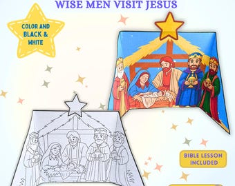 May include: A cut-and-fold craft depicting the Nativity scene with the Wise Men visiting Jesus. The image shows a completed color version and a black and white version. Text includes "Nativity Cut-and-Fold Craft", "Wise Men Visit Jesus", "Color and Black & White", "Bible Lesson Included", and "Instant Download".
