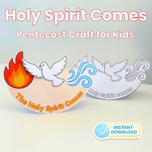 May include: A craft project for kids with the text "Holy Spirit Comes" and "Pentecost Craft for Kids". The design includes a flame, doves, and water elements. The words "The Holy Spirit Comes" and "Holy Spirit comes" are also visible.