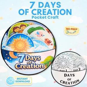 Pode incluir: Um kit de artesanato de bolso colorido com o texto "7 Days of Creation". O kit inclui cartões circulares ilustrados que retratam cenas da criação, com um adesivo "No Prep". Um ícone de "Download instantâneo" também é visível.