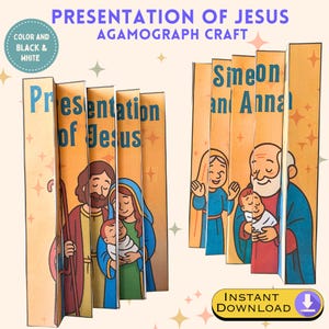 May include: An Agamograph craft featuring the Presentation of Jesus. The artwork depicts biblical figures in a color and black & white style. The text "Presentation of Jesus" and "Simeon and Anna" are visible. The words "Instant Download" are also present.