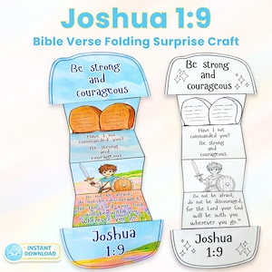 May include: A colorful Bible verse folding craft featuring the text "Joshua 1:9" and the phrase "Be strong and courageous." The craft includes illustrations of bread, a boy with a sword, and a shield. The words "Instant Download" are also visible.
