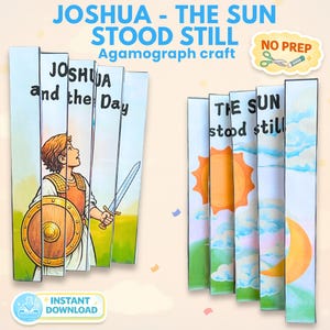 Könnte beinhalten: Ein Agamograph-Bastelprojekt mit dem Titel "Josua - Die Sonne stand still". Das Kunstwerk zeigt Illustrationen von Josua mit Schwert und Schild sowie Sonne und Mond. Der Text enthält "Josua und der Tag" und "Die Sonne stand still". Das Design ist mit "Ohne Vorbereitung" und "Sofortiger Download" gekennzeichnet.