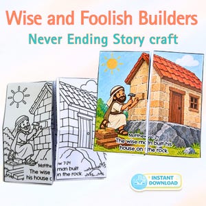 Può includere: Un progetto di artigianato cartaceo intitolato Wise and Foolish Builders che presenta una versione da colorare in bianco e nero e una versione a colori di una persona che costruisce una casa su una roccia con il testo Matthew 7:24 The wise man built his house on the rock.