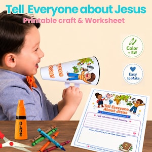 May include: A printable craft and worksheet set titled Tell Everyone about Jesus. The kit includes a paper megaphone with a cartoon illustration, a worksheet with writing prompts, a glue bottle, scissors, and colourful crayons for children.