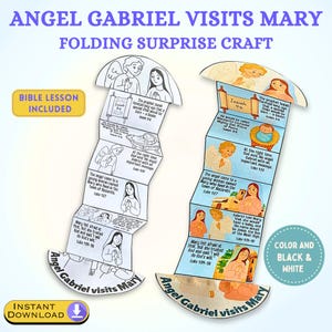 Può includere: Un artigianato a sorpresa pieghevole intitolato "L'angelo Gabriele visita Maria". L'artigianato include una lezione biblica e presenta illustrazioni di angeli e Maria, con testo della Bibbia. Disponibile a colori e in bianco e nero.