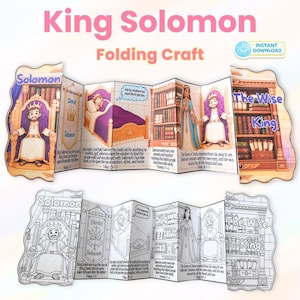 May include: A colorful, foldable craft titled "King Solomon." The design features illustrations of King Solomon, a bed, a library, and the Queen of Sheba. Includes the text "Instant Download" and Bible verses.