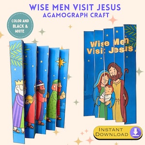 May include: A blue agamograph craft featuring the text "Wise Men Visit Jesus" and illustrations of the three wise men and the holy family. The craft is designed to be colored in black and white. The words "Instant Download" are also visible.