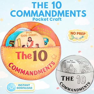 May include: A vibrant pocket craft labelled "The 10 Commandments." It shows a yellow pocket with the text "The 10 Commandments" and several circular cards with illustrations and text. The words "Instant Download" are also visible.