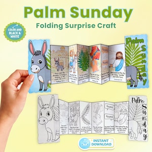 Puede incluir: Una manualidad sorpresa plegable del Domingo de Ramos en color y blanco y negro. La manualidad presenta ilustraciones de un burro, Jesús y ramas de palma. El texto incluye "Palm Sunday" y versículos bíblicos.