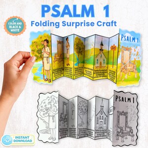 May include: A colorful and black and white folding craft featuring illustrations and text from Psalm 1. The top version is in color, and the bottom is a coloring page. The craft includes images of a person, a throne, a tree, and a church.