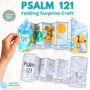 May include: A folding craft featuring Psalm 121, with color illustrations and a black and white version. The color version shows mountain scenery and figures. Text includes "Psalm 121" and "Folding Surprise Craft".