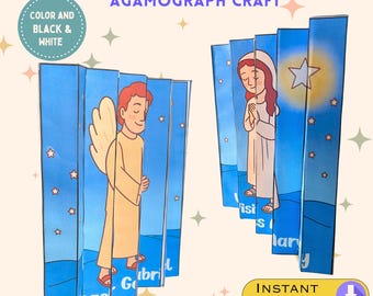 May include: An agamograph craft featuring Angel Gabriel and Mary, with the text "ANGEL GABRIEL VISITS MARY AGAMOGRAPH CRAFT". The craft has a blue background with stars and illustrations of the angel and Mary. The words "COLOR AND BLACK & WHITE" are also visible.