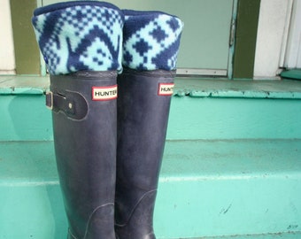 Boot Cuffs SLUGS Fleece Rain Boot Liners Socks Navy With A Navajo Tribal Geometric Mint Cuff, Nordic Winter Rainy Day Style, Cozy Tall Socks