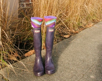 SLUGS Fleece Rain Boot Liners Purple with a Retro Geometric Chevron Cuff, Fall Winter Rainy Day Style, Tall Boot Socks, Gift For Her