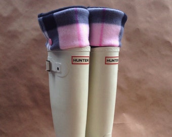 SLUGS Fleece Rain Boot Liners Black With A Pink & Black Plaid Cuff, Winter Fashion Accessory, Boot Cuffs, Warm Socks, Tall Fleece Socks