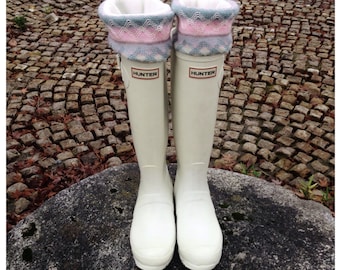 Boot Cuffs SLUGS Fleece Rain Boot Liners Ivory With A Knit Pastel Cuff , Fall Winter Fashion Accessory, Boot Topper Cuff, Tall Boot Sock